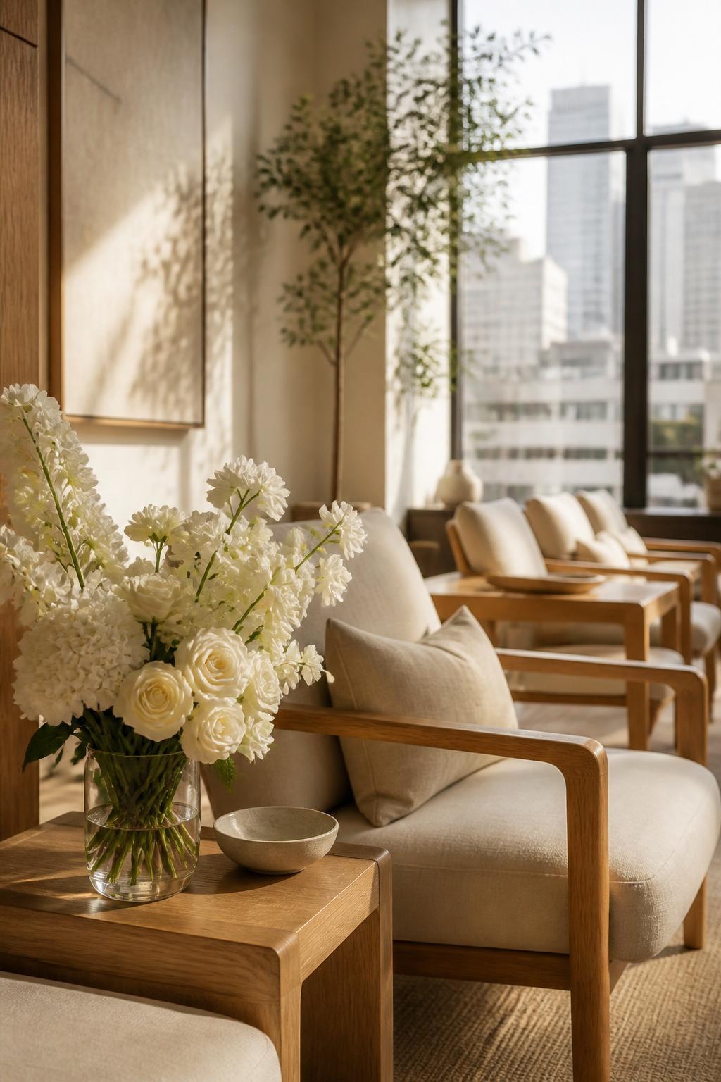 Calm, modern dental waiting room with natural light